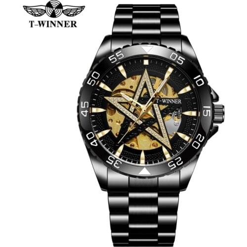 Winner Wrist Watches For Men Design Self-winding Star Skeleton Analogue Luxury with Stainless Steel Bracelet Swiss Mechanical