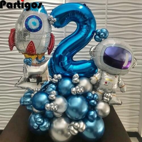 32pcs Outer Space Balloons Set 30inch Blue 0-9 Foil Number Balloon Galaxy Themed Astronaut Roket Theme Birthday Party Decoration