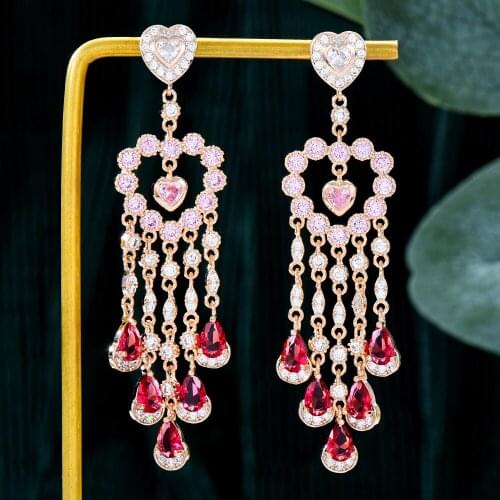 GODKI 68mm Multicolor Long Heart Tassels Earring For Women Wedding Party Indian Dubai Bridal Jewelry boucle d'oreille femme Gift