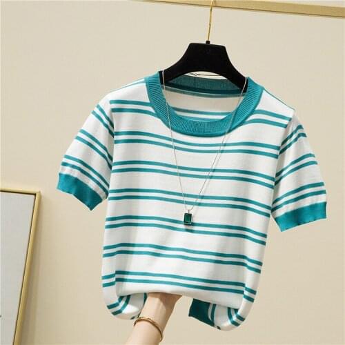 Thin Striped Knitted Tee Shirt Femme Women Tshirts Summer Casual O-Neck Short Sleeve Tops Korean Female Shirts Camisetas Mujer