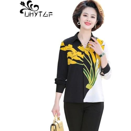 UHYTGF 2021 Spring Shirt Women New Fashion Floral Print Chiffon Blouse Long Sleeve Koream Elegant Female 5XL Plus Size Tops 1528