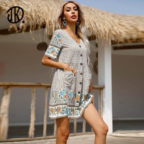 Vintage Single Row Buttons Ladies Dress Casual V-neck Summer Elegant Mini Dresses Short Sleeve Stitching Beach Dress Vestidos XL