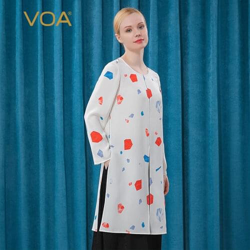 VOA Silk 30m/m White Bottom Color Printed Blue Line Hollowed-out Splicing Large Fork Long Sleeve T Shirt BE292 woman tshirts