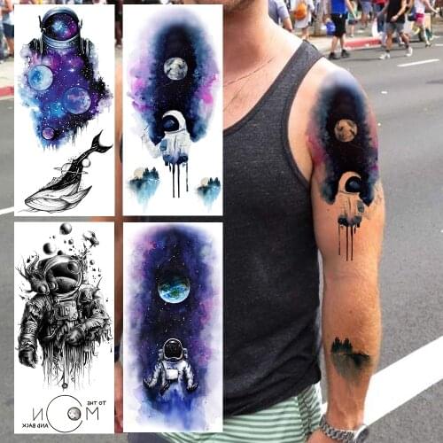 Fake Space Temporary Tattoos For Women Adults Astronaut Tattoo Paper Sticker Blue Watercolor Universe Dolphin Tatoo Moon Armband