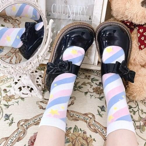 Japanese Lolita Starry Sky Colorful Striped Star Cotton Socks Cute Girls Student in the tube Socks Ins Short Socks College style