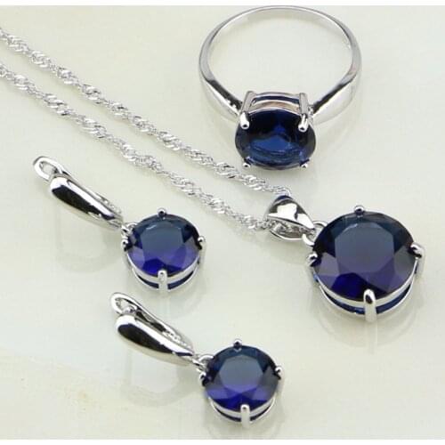 925 Sterling Silver Jewelry Round Blue Cubic Zirconia Wedding Bridal Jewelry Sets For Women Earring/Pendant/Necklace/Ring