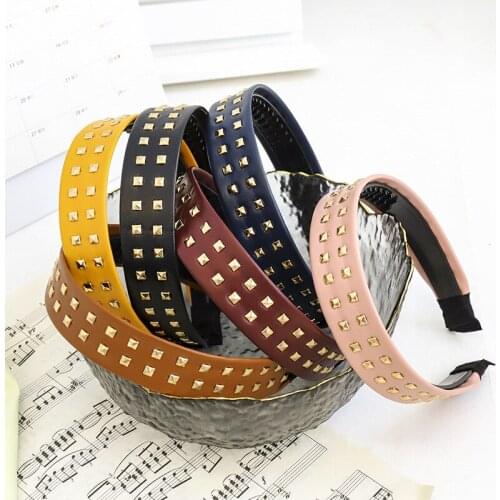 Punk Headband Wide 3CM Leather Solid Color Band Golden 2 Rows Square Rivets Studded Party Band Hairband Women Hair Accessories