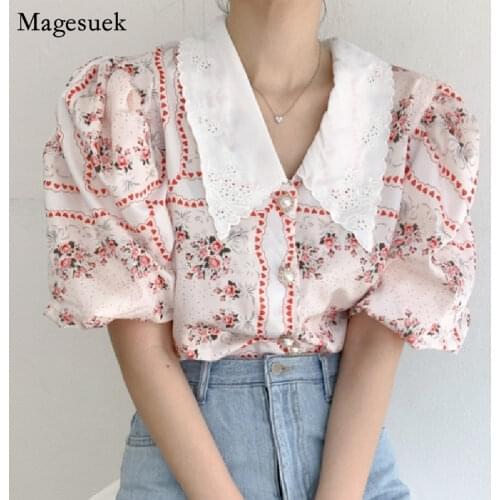 Korean Vintage Print Shirt Women Summer Puff Sleeve Floral Blouse Women 2021 Fashion Embroidery Blouses Tops Blusas Mujer 15343