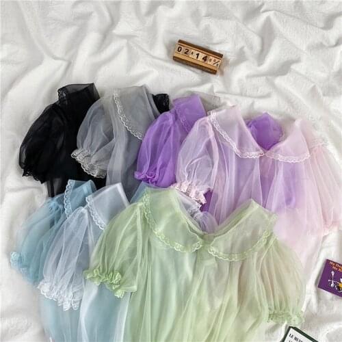 Women Sheer Mesh Short Sleeve Tops Transparent Sweet Princess Lolita Kawaii Lace Mesh Tops Mori Girl Bottom Blouse