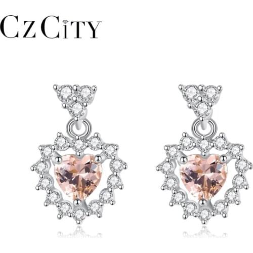 CZCITY Stud Earrings 925 Sterling Silver Heart Shape Gems Crystal Romantic Fine Jewelry for Women Dating Christmas Gift SE629
