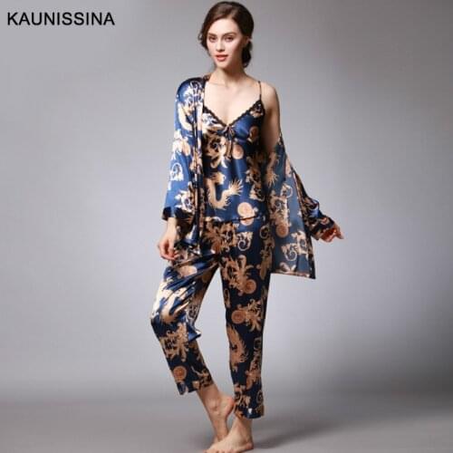 Women 3 Pieces Silk Pajamas Sets Sexy Pajamas Kimono Robe Printed Sleepwear Kit Female Nightwear Satin Loungewear Summer Spring