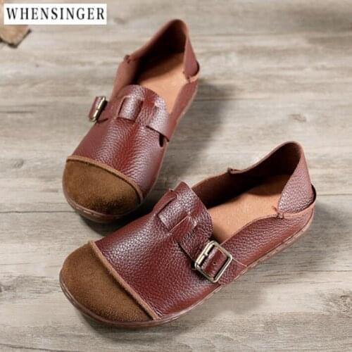 Whensinger - Women Flat Shoes loafers Genuine Leather Casual Buckle Splice Flats Shoe Comfortable soft Driving shoes Ventilation