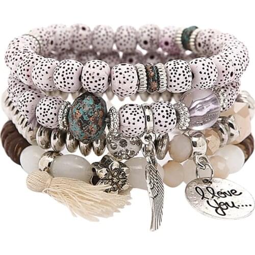 Womens Fashion Personality Bohemian Wind Wing Tassel Multi-layer Bracelet Ladies Heart Multicolor Charms Charms Bracelet Gift