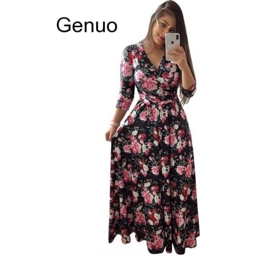 Spring Sexy Deep V Neck Womens Dress Bohemia Tunic Maxi Dresses Elegant Vintage Flowers Print Dress Vestidos Plus Size