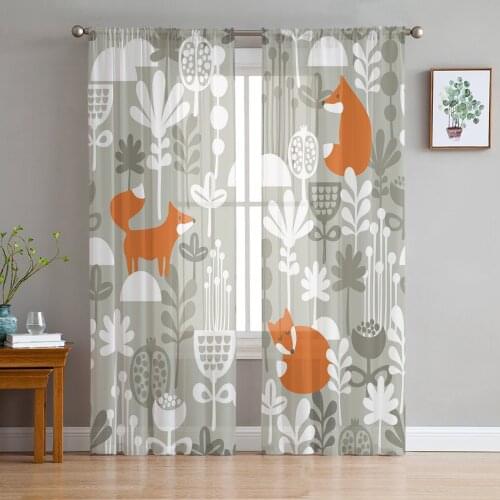 Cartoon Animal Fox Forest Flowers Voile Curtains for Living Room Window Treatment Sheer Curtains for Bedroom Kitchen Drapes