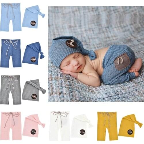2 Pcs Newborn Photography Props Clothing Baby Pants Long Tail Knot Hat Set Knitted Trousers Beanies Kit for Infants