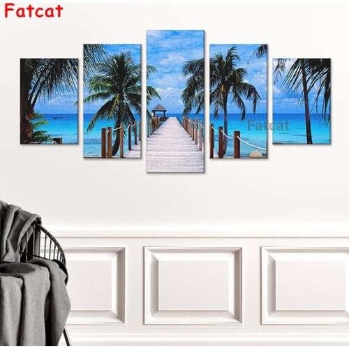 Beach Coconut Trees diamond painting 5 Pcs 5d diamond mosaic cross stitch embroidery full round drill Romantic landscape PP2211