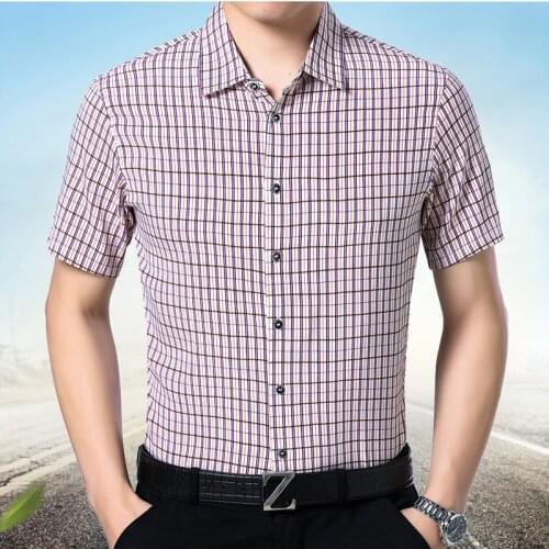 92% Silk Shirt, Mens Short Sleeved Mulberry Silk, Summer Middle-aged Mens Lattice Casual Silk Thin Shirt