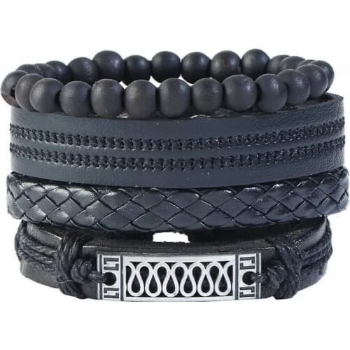 Punk Rock Black Leather Bracelets Men Vintage Bead Charm Multi-layer Retro Gothic Jewelry Weave Rope Wristbands Wrap Bangle Male