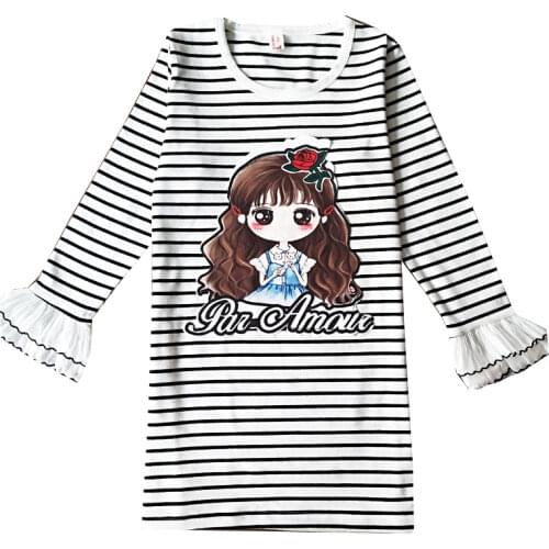 Casual Kids girl dress long sleeve Clothes Summer Fall Cartoon Long T-shirts Cotton Stripe Cute Princess Dress 6 8 10 12 14Years