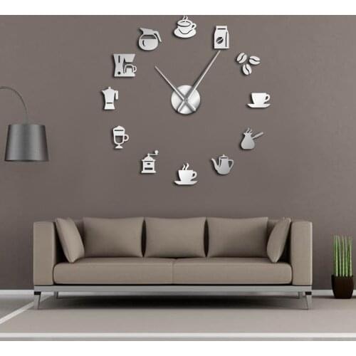 Coffee Mug Wall Art Coffee Shop DIY Giant Wall Clock Cafe House DIY Stickers Decorative Big Hands Frameless Large Clock Watch