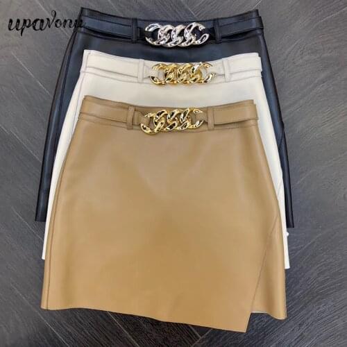 Free Shipping Elegant Womens PU Short Skirt 2021 Summer New Fashion Pure Color Package Hip Skirt Belt High Waist Mini Skirt