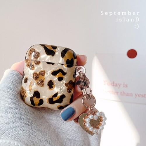 Fashion Pearl Shell Keychain Shell Leopard soft Wireless Headset bluetooth case for Apple AirPods 1 2 cover for airpods pro Box