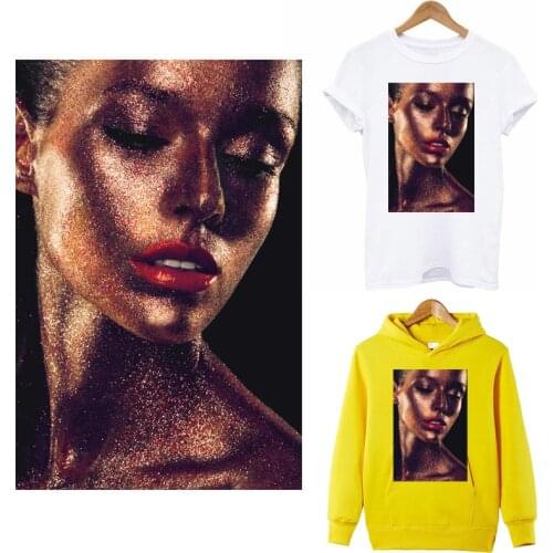 Beauty Girl Iron On Patches For Clothing Gold Color Model Heat Transfer Thermal Sticker On Clothes Women T-shirt Applique Patch