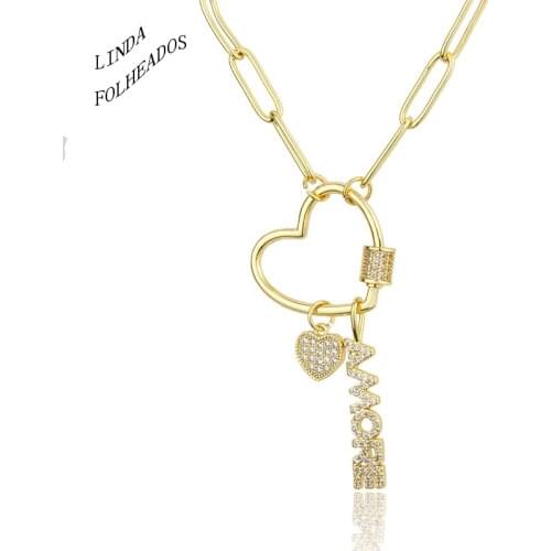 LINDAFOLHEADOS New Design Fashion Copper Love Letters Tags Necklace Gold Heart-Shaped Pendant Turnbuckle Combination Party Gift