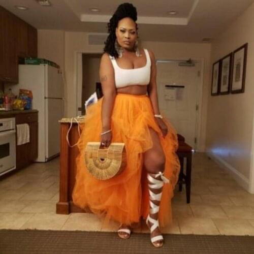 Orange Women Skirts Puffy Lush Slit saias Tulle Skirt For Party jupe Long Skirt Floor Length Draped