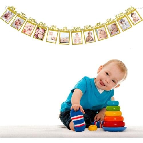 1st Birthday Party Photo Banner 1to12 Month Celebration Photograph Frame Glitter Decoration Bunting Garland Baby Shower Gift