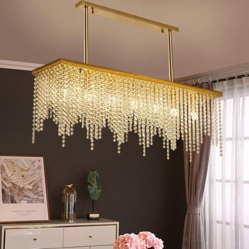 Modern Lustre Gold Steel E14 Led Pendant Lights Dining Room Rectangle Luxurious K9 Crystal Pendant Lamp Dining Table Droplight