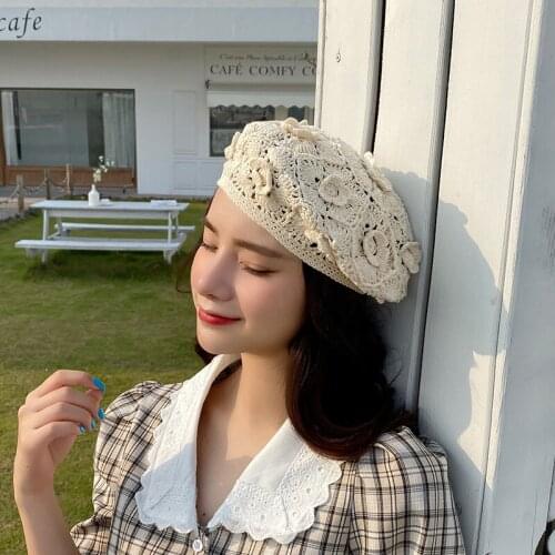 Spring and autumn versatile literary hollow out hook flower Beret elegant retro flower hand knitted hat womens summer