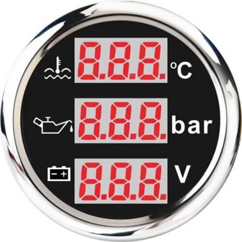 Universal 52mm 3 in 1 Multi-Function Digital Gauge Waterproof Water Temp Oil Pressure Gauge Voltmeter with Alarm