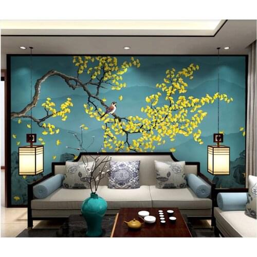XUE SU Customized large wallpaper mural new Chinese ginkgo hand-painted flowers and birds living room bedroom background wall