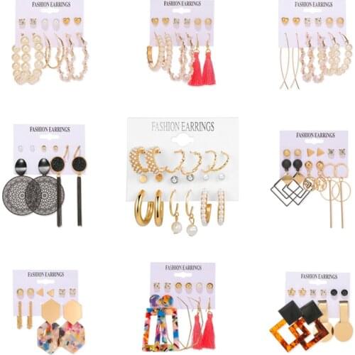 Fashion Pearl Earrings Set for Women Geometric Acrylic Resin Gold Metal Earrings Shiny Rhinestone 2021 New Design Jewelry Gift