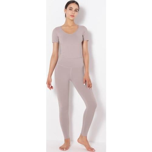 Combination Women Yoga Sets Short Sleeve Shirt High Waist with Pocket Leggings Fitness Suit V Neck Sportswear Athletic Clothing