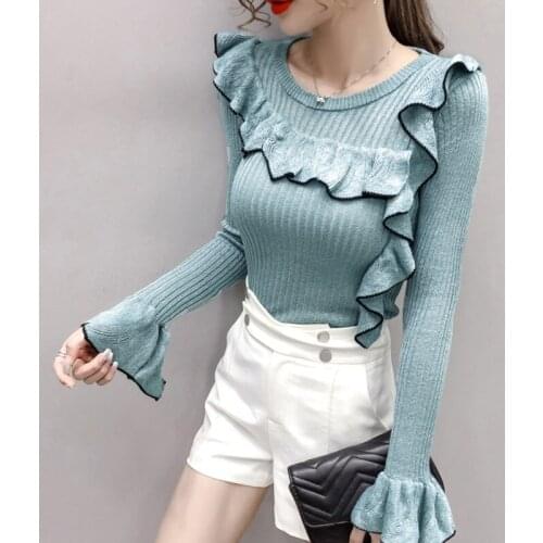 2021 Autumn Winter Women Clothing Fashion Round Neck Short Knitted Ruffle Horn Sleeve Slim Fit Sweater Pullover Top Pull Femme