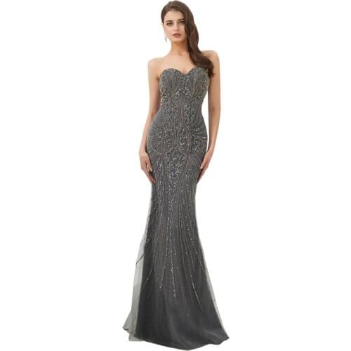 Luxury Grey Tulle Sweetheart Mermaid Prom Dress with Veil Beading Evening Gown Robe de soiree Fishtail Vestido de noche 80307