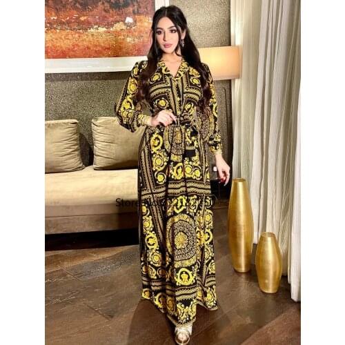 Vintage Ethnic Print Abaya Dress for Women 2021 Africa Muslim Dubai Turkey Moroccan Kaftan Oman Arabic Clothing Lapel