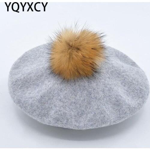 Winter Hats For Women Wool Beret With Real Raccoon Fur Pompom Hat Lady Girls Beret Cap Soft Warm Boina Feminina Gorras