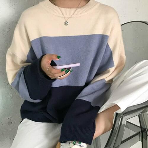 Winter Women Patchwork Sweaters New Fashion Loose O-neck Simple Long-sleeved Pullovers Female Korean Chic Knitted Jumper Tops