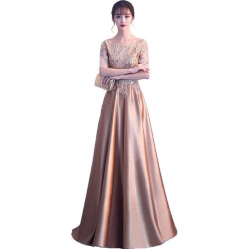 Golden Evening Dresses Womens New Long-style Sexy Party Dresses A-line Applique Sequined Half Sleeve Illusion O-neck