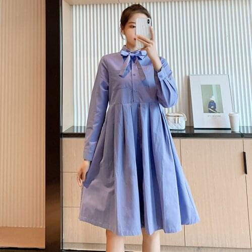 0620# Maternity Dress Spring Autumn Cotton Plain Color Long Sleeves Loose Stylish Dress Pregnant Women Mom Dress