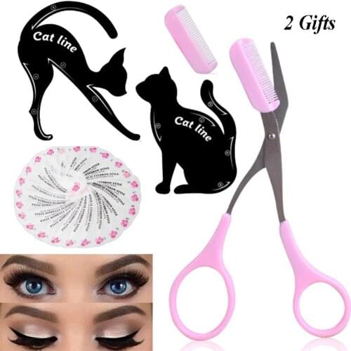 1 Set Eye Makeup Tool Kit for Women - Cat Eyeliner Stencil/24 Shapes Eyebrow Stencil/Eyebrow Trimmer Scissors with Comb Hair