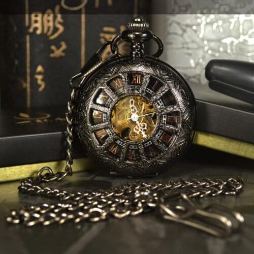 New 2021 Antique 1pcs/lot Steampunk Hollow 4.5cm Hand Wind Mechanical Pocket Watch Black for Mens Womens Necklace Chain Wedding