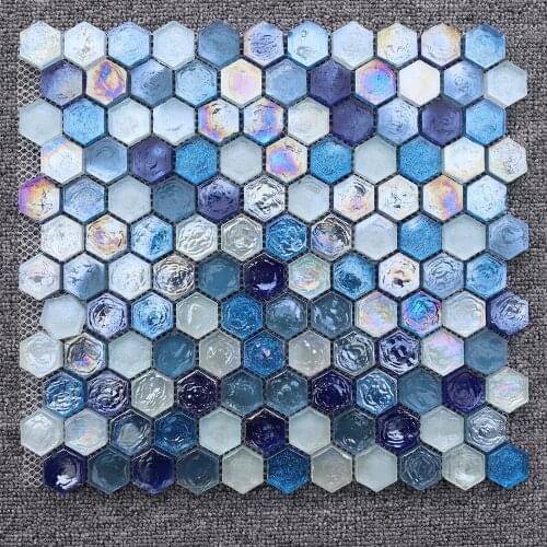 23mm Hexagon Shiny Blue Glazed Glass Mosaic tiles, kitchen wall background tile floor tiles,Blue/Pink White color, 8mm thick
