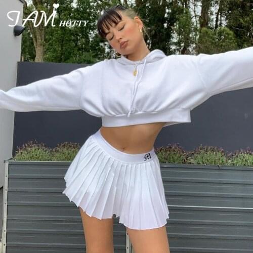 IAMHOTTY Letter Print Pleated Basic White Solid Woman Skirts Casual Outfits Gym Elegant Skirt Femme Vintga Korean Style Summer