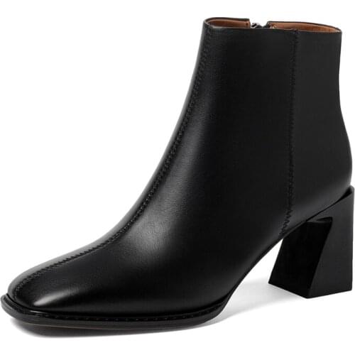 2021 New Autumn Women Genuine Leather Ankle Boots Fashion Female Sewing High Thick Heels Lady Black Square Toe Modern Boots M189