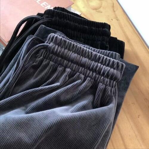 Fashion Spring Autumn New Women Spring Corduroy Pants High Waist Vintage Wide Leg Pants Elegant Belt Loose Cotton Black Gray